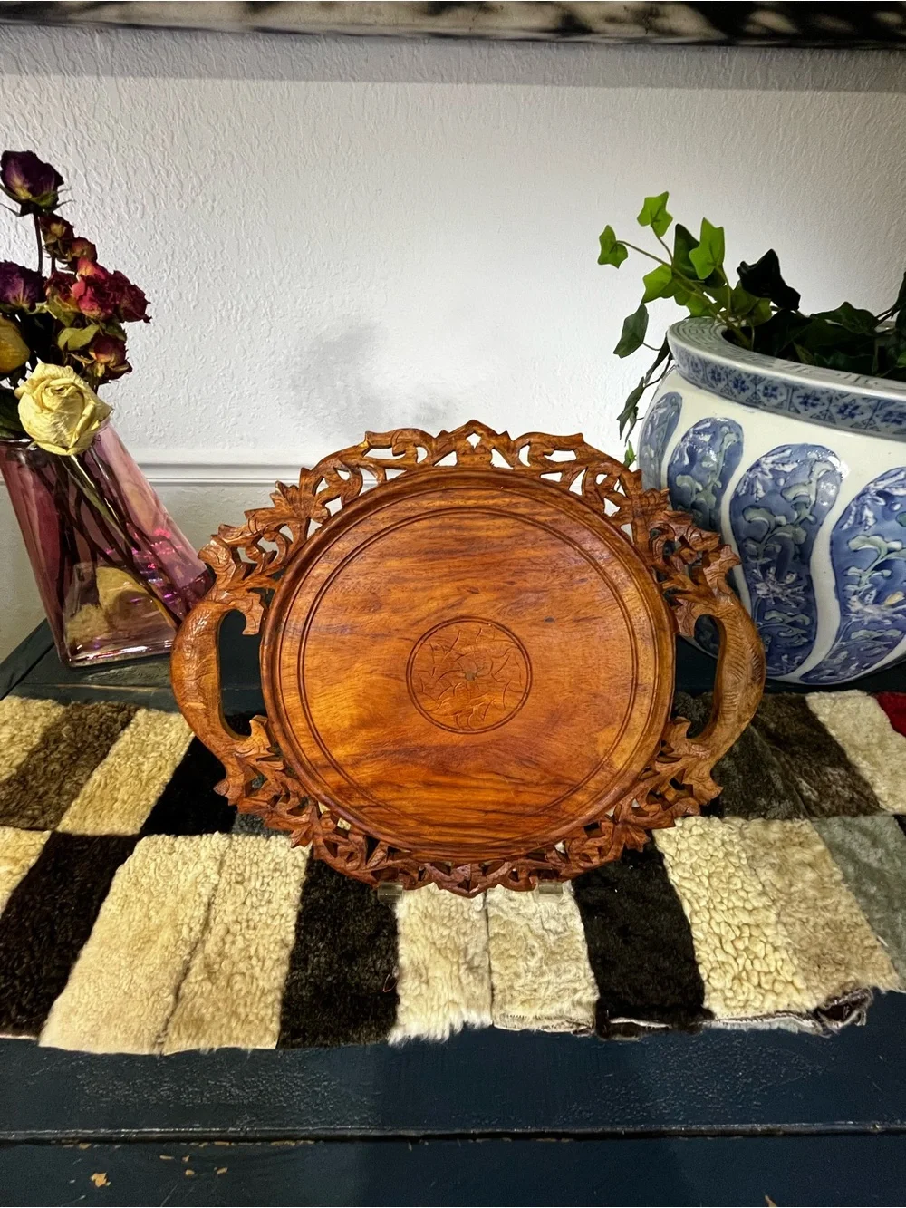 Hand-Carved Wooden Serving Tray - Rustic Brown
